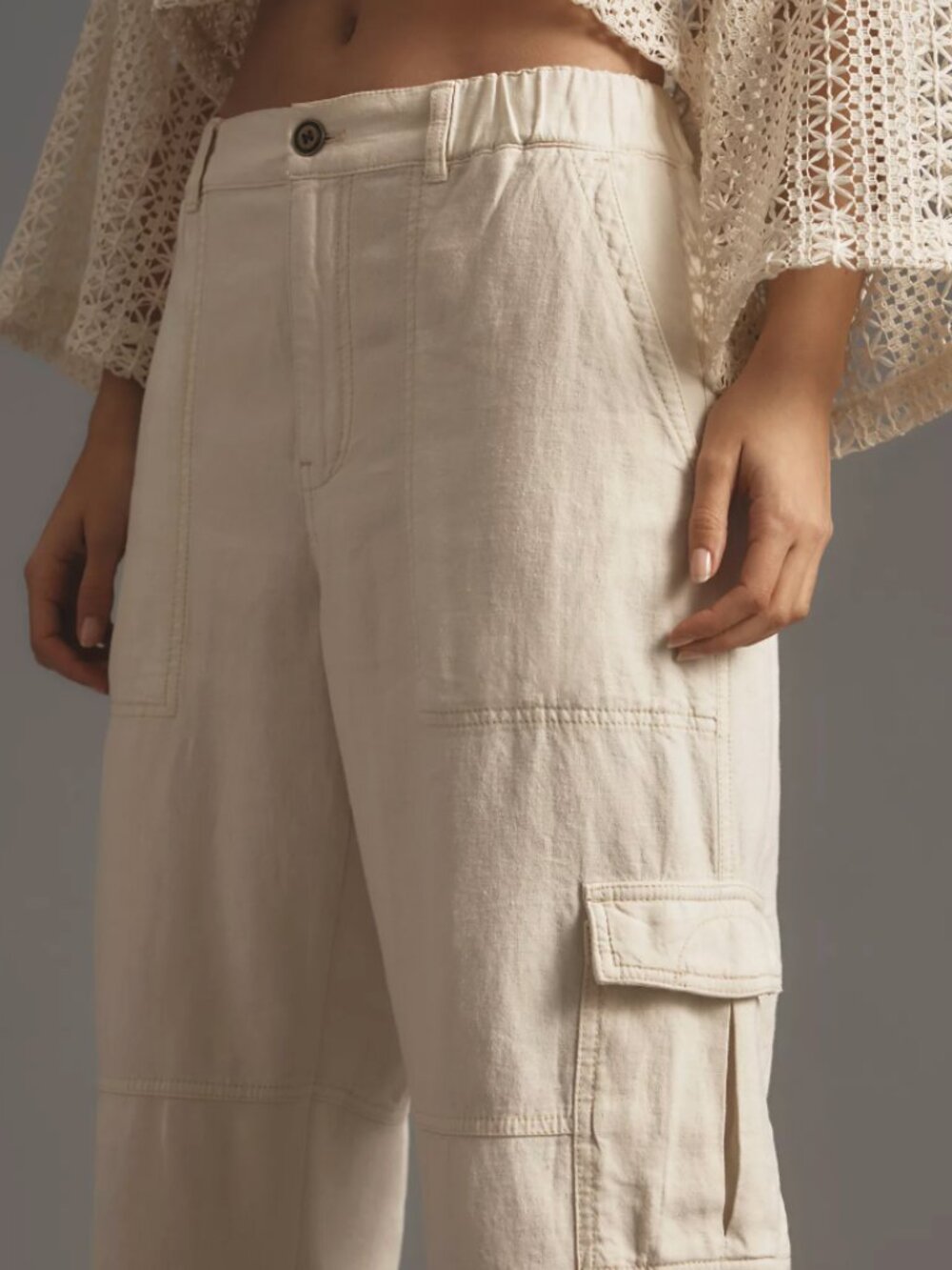 Pilcro | Anthropologie Slim Linen Beach Cargo Pants Ivory | Size Large - Picture 4 of 16